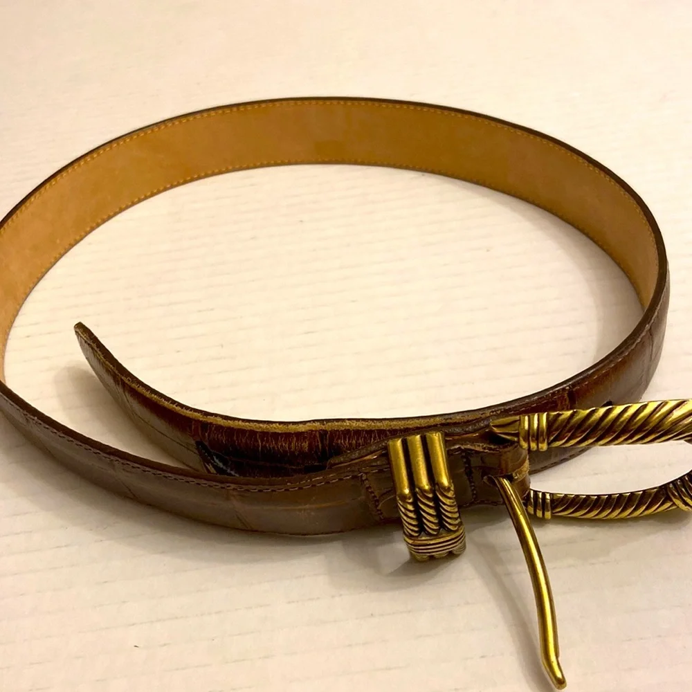 Brighton Women Size Small Brown Five Holes Adjustable Croc Style Gold Metal Belt